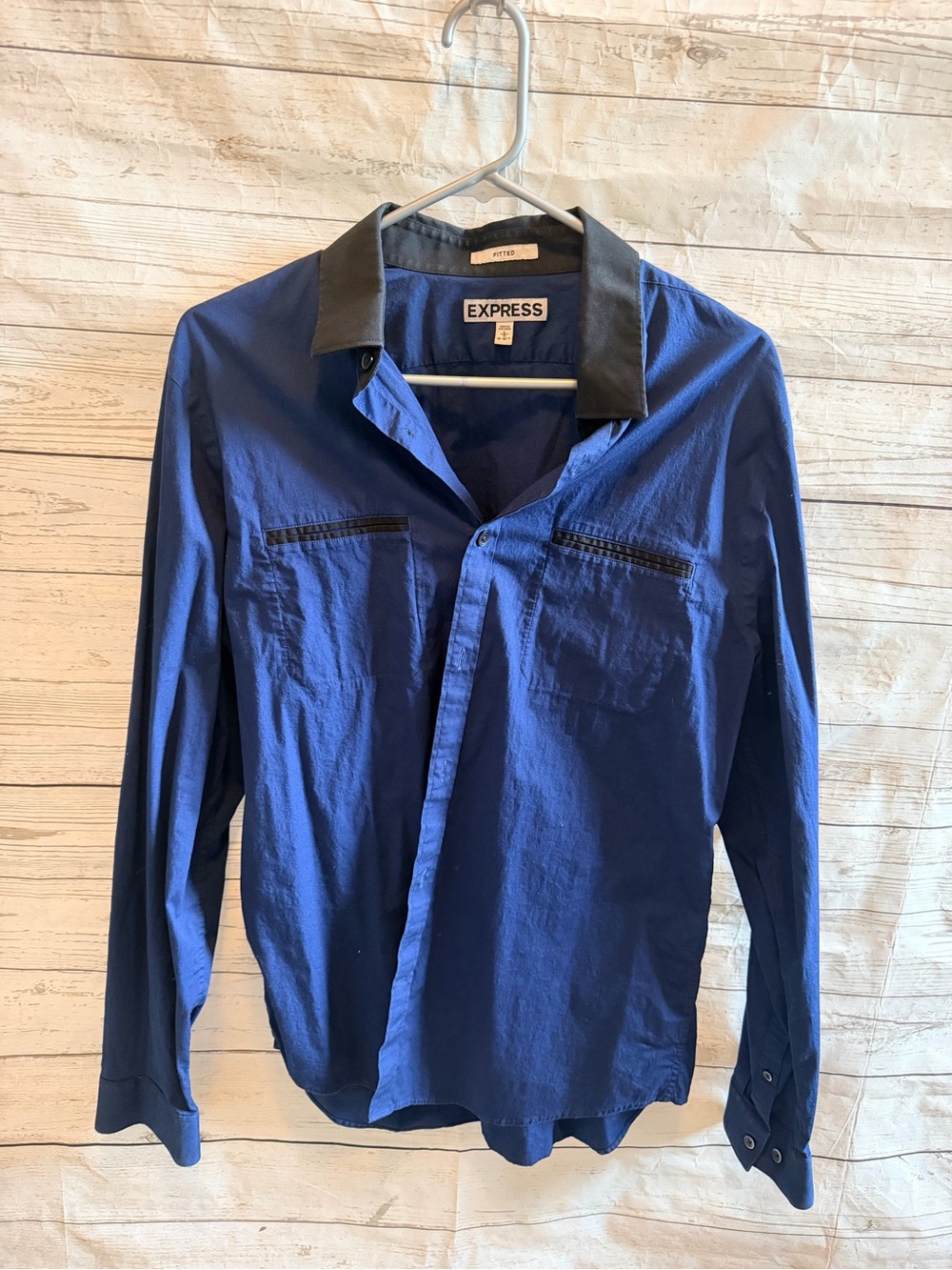 Express Men's Blue Button-Up Shirt with Contrast Collar